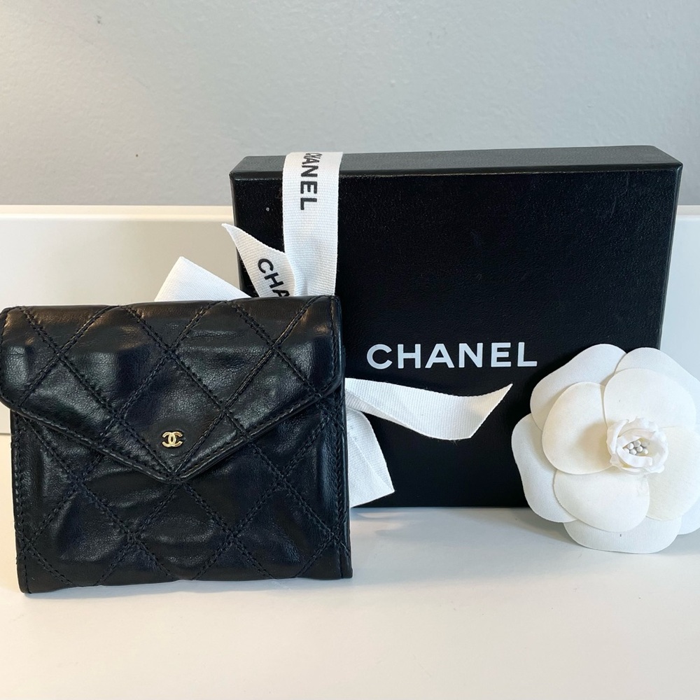 ✅ Auth Chanel Double Stiched Gold CC Lambskin Card Holder Coin Case Black